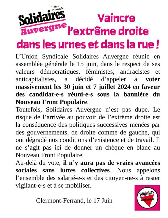 20240617 Communiqué Solidaires Auvergne Front Populaire visuel-1