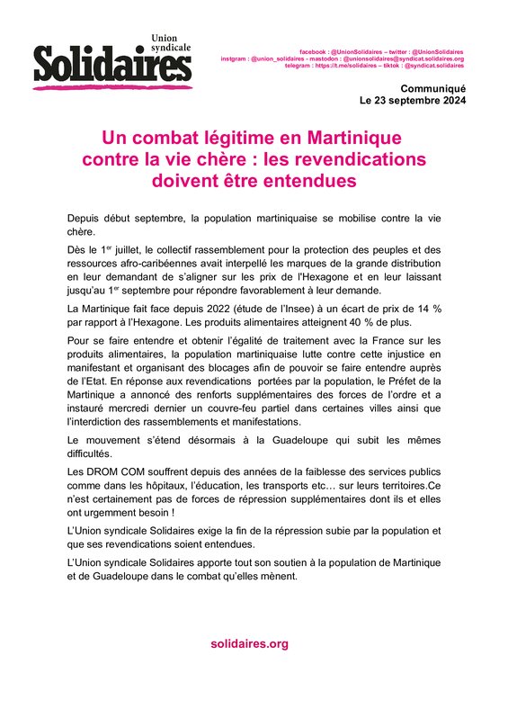 Un combat légitime en Martinique  contre la vie chère : les revendications doivent être entendues