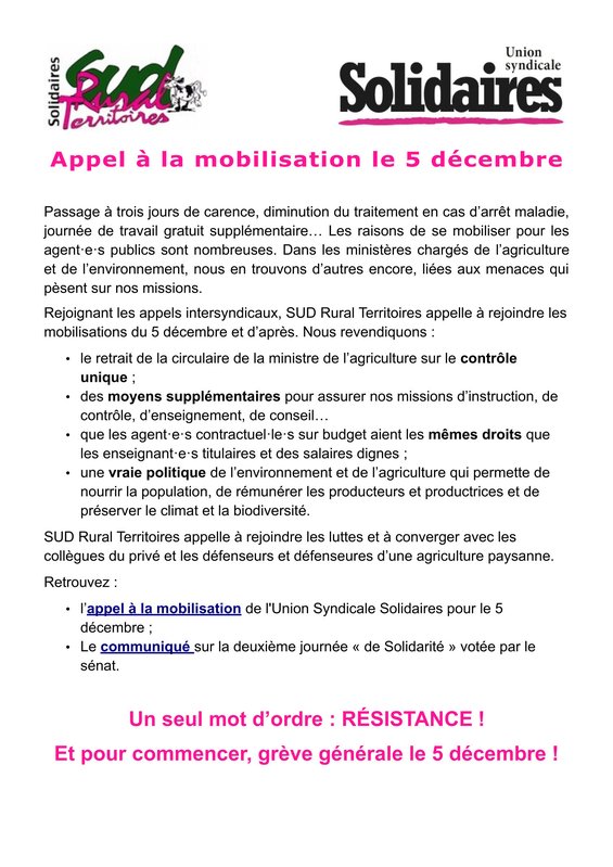 Appel à la mobilisation le 5 décembre