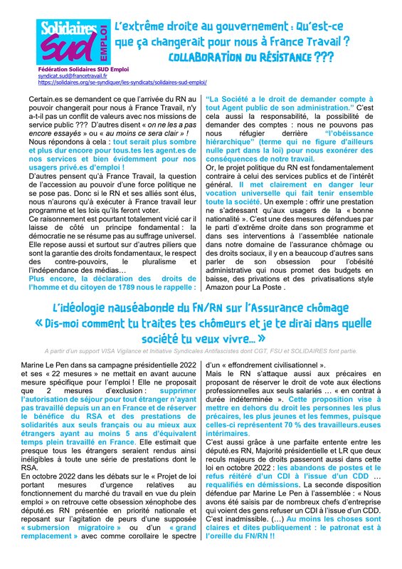 L’extrême droite au gouvernement : Qu’est-ce que ça changerait pour nous à France Travail ? COLLABORATION OU RÉSISTANCE ???