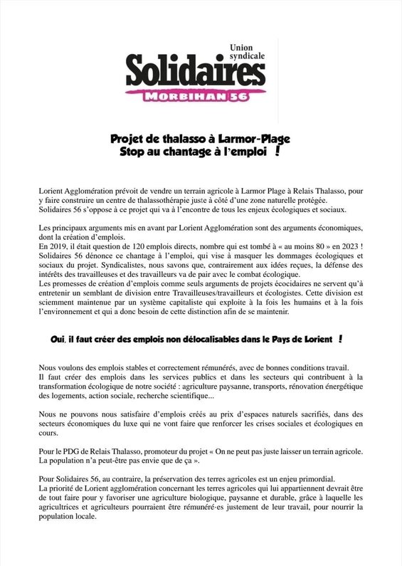 Projet de Thalasso à Larmor-Plage: Stop au chantage à l'emploi !