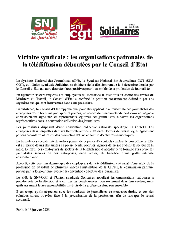 communiqué télédiffusion SNJ SNJ-CGT Solidaires 16 01 26